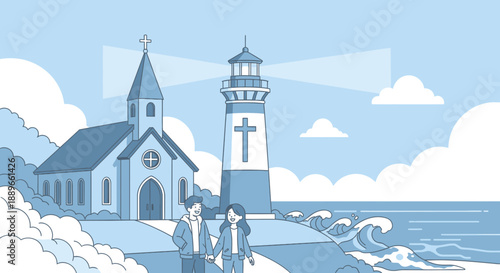 People standing near church and lighthouse.