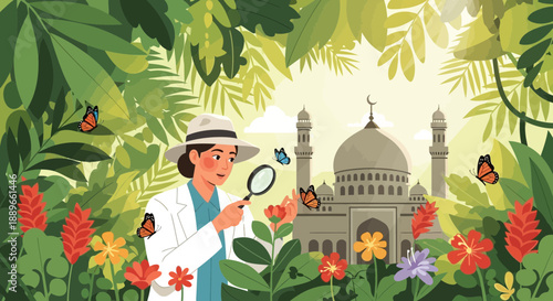 Woman Examining Butterfly with Magnifying Glass.