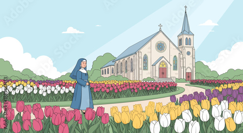 Woman in blue dress standing flowers.