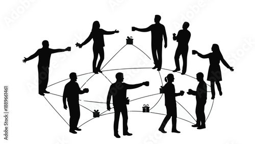 Diverse group of people connected in a network, sharing gifts and ideas