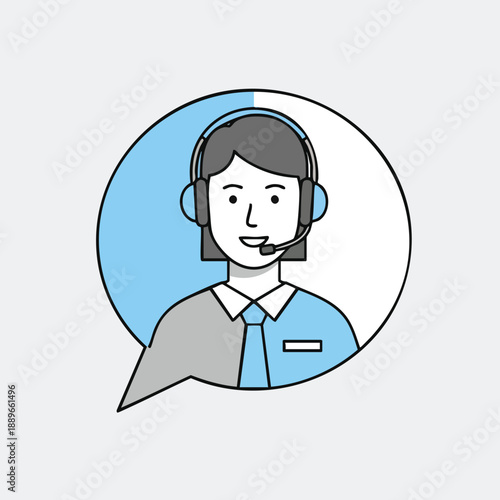 Customer service agent wearing a headset inside a speech bubble, representing customer support, communication, and technical assistance with a friendly and professional demeanor