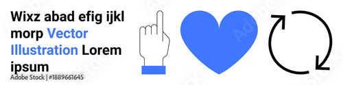 Communication, user interaction, feedback, love, connection, and repetition . A blue heart, pointing hand and arrow in a clean layout. Communication and user interaction concept