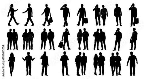 Corporate Workforce Vector: Walking and Standing Business Professionals Silhouettes