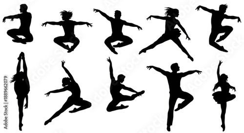 Dance Acrobat Silhouettes: Men and Women in Jumping and Spinning Poses