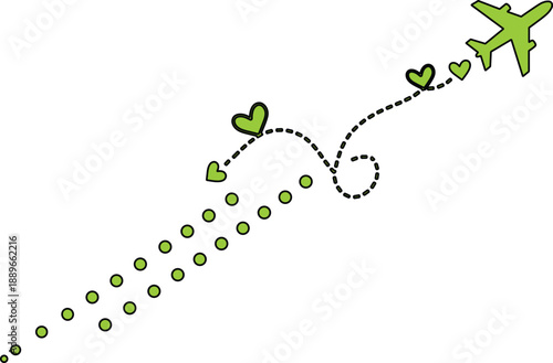  described features a green airplane flying upwards, accompanied by a whimsical trail of green hearts and dots