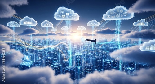 Cloud computing concept with digital cloud network, data storage, online services and modern IT infrastructure technology
