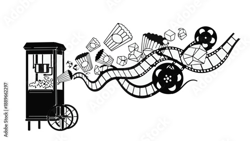 Popcorn machine bursts with film reel and treats for cinematic fun