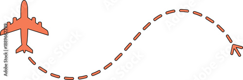 described features an airplane and its flight path, with several key elements that convey a sense of travel and movement: