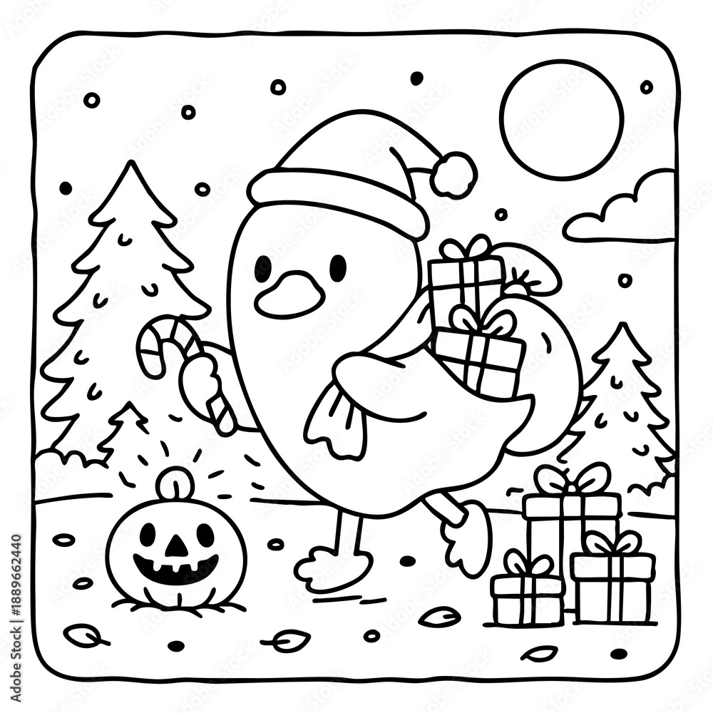 Naklejka premium A playful cartoon bird in a Santa hat carries gifts in a snowy landscape, featuring a pumpkin and decorated trees under a bright moon.