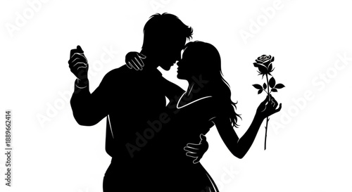 Couple embracing tenderly, man holding champagne and woman holding a rose, illustration of love and romance