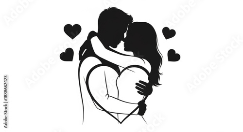 Illustration of a romantic couple embracing, surrounded by hearts, symbolizing love and affection in a simple, elegant design