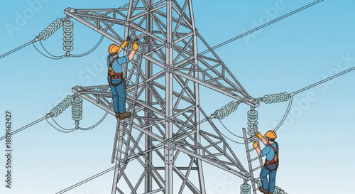 Electricity Grid Infrastructure: Isometric Illustration of Power Tower Maintenance