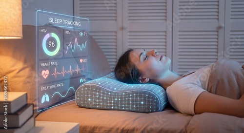 Smart Sleep Tracking Technology Concept - Woman Sleeping on High-Tech Pillow with Holographic Health Monitoring Interface
