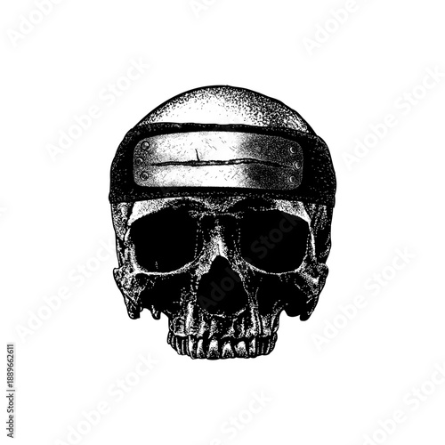 Hand-drawn skull wearing a ninja headband illustration in bold black and white style. Detailed vintage engraving look, isolated on white background. 