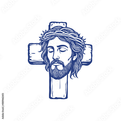 Jesus Christ wearing crown of thorns on wooden cross.