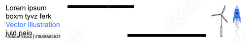 Renewable energy, space exploration, clean energy technology, futuristic innovation, sustainable science, technology inspiration. Wind turbine and blue rocket side by side. Renewable energy and space