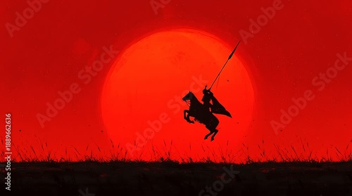 Red Sun Silhouette: Warrior on Horseback with Spear Against Dramatic Sky