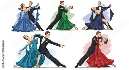Elegant Dancing Couple Set: Romantic Ballroom Dancers in Waltz and Tango Poses