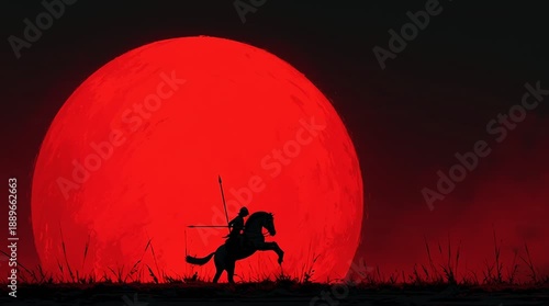 Silhouette of a Warrior on Horseback Against a Giant Red Sun or Moon