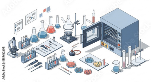 Modern Science Illustration: Isometric Lab Oven, Petri Dishes, and Glassware