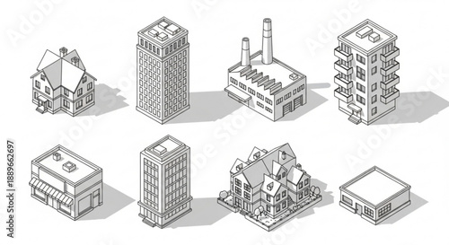 Modern Cityscape Vector: Isometric House and Factory Line Illustrations