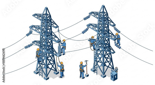 Smart Grid Service: Isometric Electric Tower with Technicians and Equipment