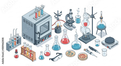 Laboratory Tech Concept: Isometric Scientific Tools and Equipment on White