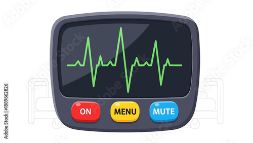 Modern digital device with screen displaying green heartbeat waveform and control buttons on dark grey background