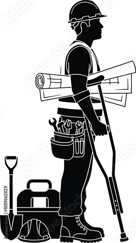 Injured construction worker silhouette, hard hat, crutches, blueprint, tool belt, safety, recovery, resilience, toolbox, shovel, vector illustration, labor