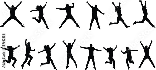 Jumping people silhouettes set – happy youth and adults celebrating, energetic pose collection, joyful movement, active lifestyle black vector
