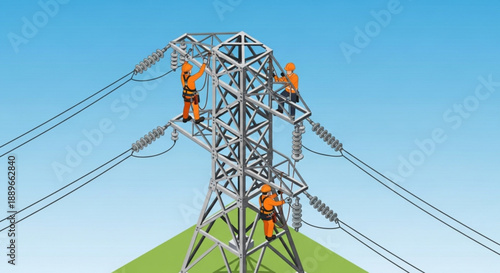Infrastructure Management: Isometric Power Grid Repair and Maintenance Scene