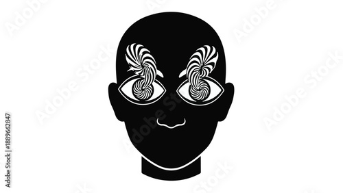 Surreal portrait with swirling eyes symbolizing altered perception and abstract thought