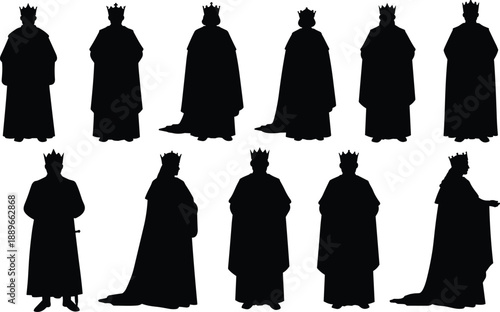 King silhouette collection in regal robes and crowns, various front and side poses, medieval royalty, monarchy, historical and fantasy themes