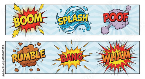 Colorful Comic Sound Effects: Pop Art Boom Splash and Poof Illustration Set