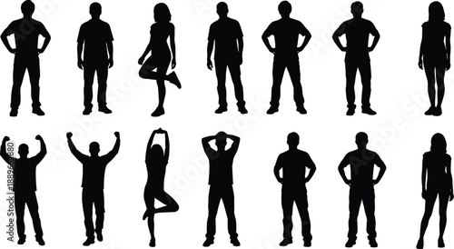 Black and white vector illustration set of diverse people silhouettes in standing and active poses including men and women for social community design