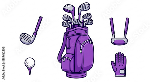 Professional Golf Set: Detailed Purple Golf Bag Illustration for Retail