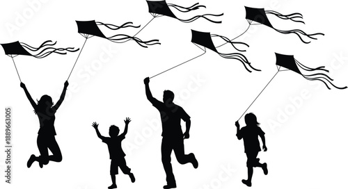Black and white vector silhouette set of a happy family with children running and flying kites for outdoor summer recreation and childhood fun design