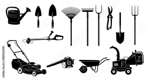 Gardening Tools Silhouette Set: Professional Lawn Equipment and Maintenance Icons