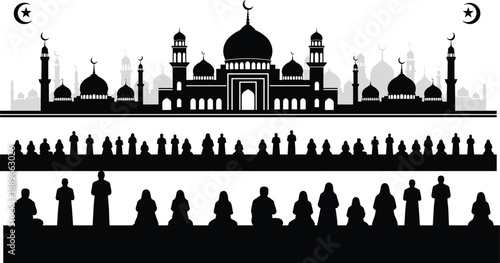 Black and white vector silhouette set of a mosque skyline with people praying in rows for Ramadan Kareem Eid Mubarak and Islamic design