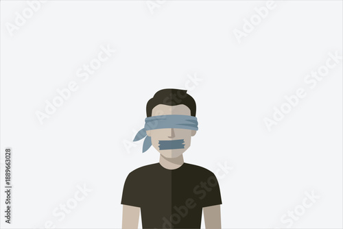 Illustration of a man blindfolded and silenced, symbolizing censorship, freedom of speech suppression, social pressure, silenced voices, and human rights issues. Vector illustration.