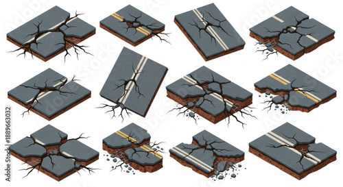 Isometric Cracked Road Set: Damaged Asphalt and Broken Pavement Segments