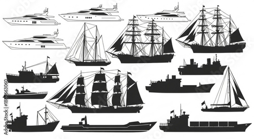 Boat and Ship Silhouettes: Collection of Sailboats, Yachts, and Tall Ships