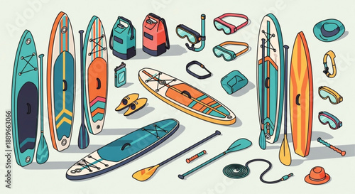 Stand Up Paddle Illustration: Vibrant SUP Boards, Paddles, and Goggles Set