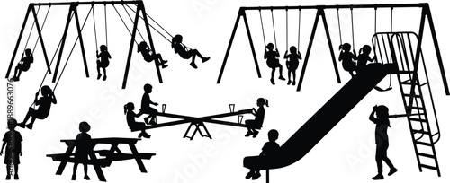 Black and white vector silhouette set of children playing on playground equipment including swings slides seesaws and picnic tables for park and school design