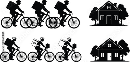 Black and white vector silhouette set of delivery men riding bicycles with backpacks and small houses for courier service logistics and food transport design