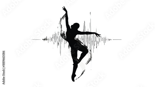 Graceful dancer's silhouette in motion, blending with abstract sound waves.
