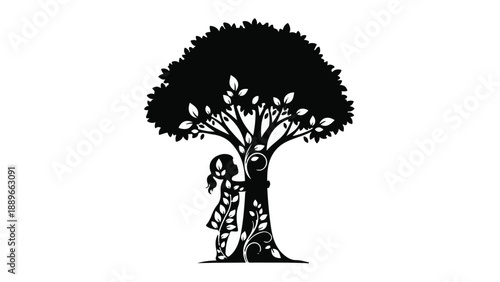 Young girl peeking from behind a large tree with decorative leaves and vines, symbolizing growth and nature.