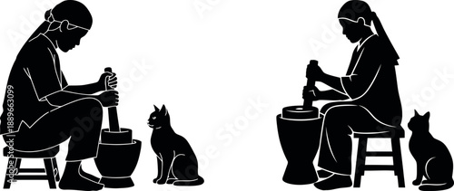 Silhouettes of people grinding with mortar and pestle, accompanied by cats in a traditional setting
