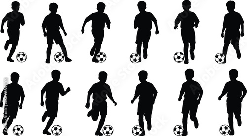 Black and white vector silhouette set of young boys playing soccer in various action poses with footballs for youth sports team and athletic design