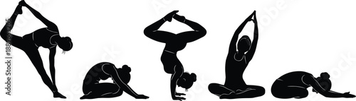 Black and white vector silhouette set of women practicing various yoga poses and meditation exercises for wellness health fitness and spiritual zen lifestyle design